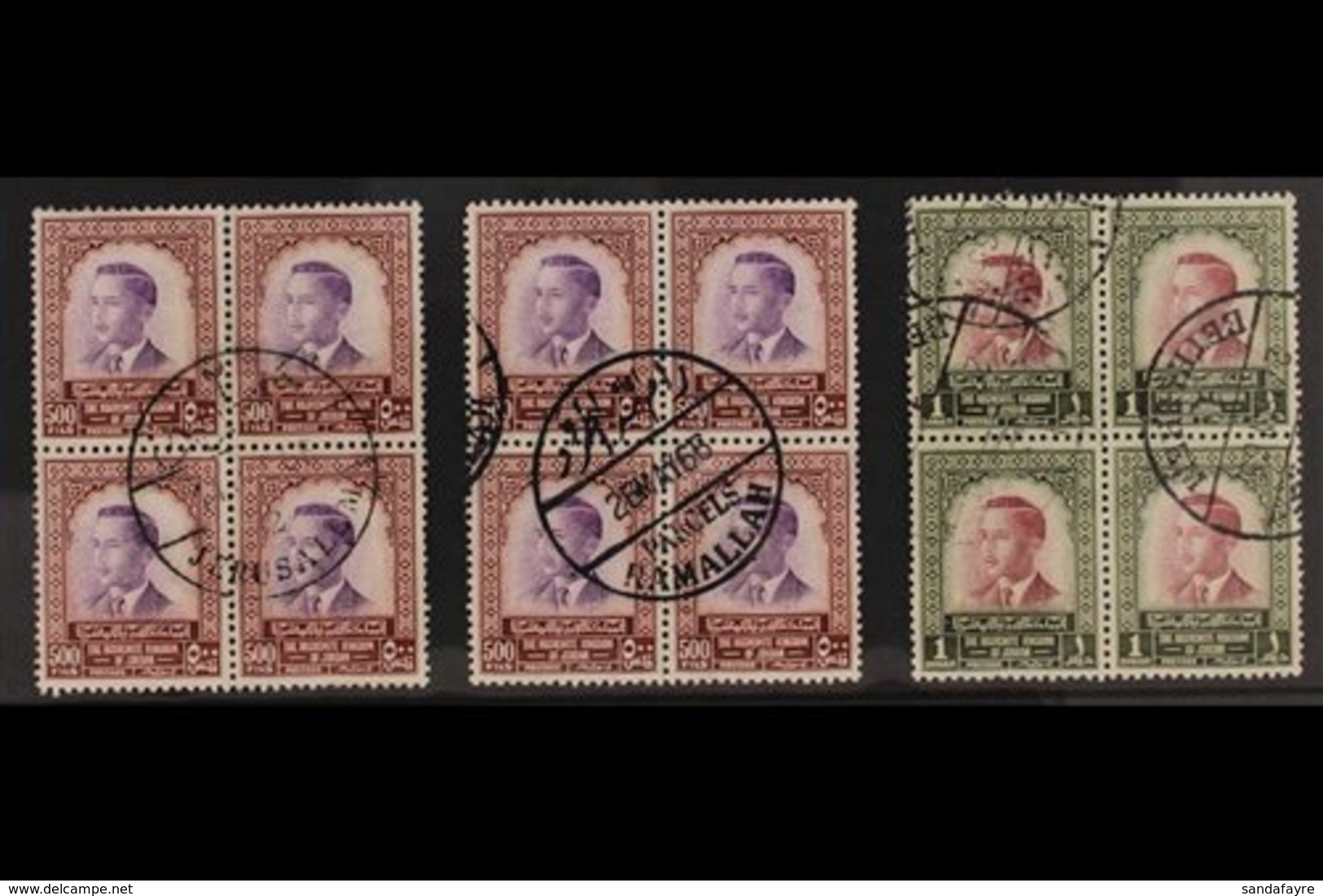 1955-65 A Trio Of USED BLOCKS OF 4 On A Stock Card, Includes Two Blocks Of 500m Purple & Red Brown "Hussein" (SG 457), O - Jordanie