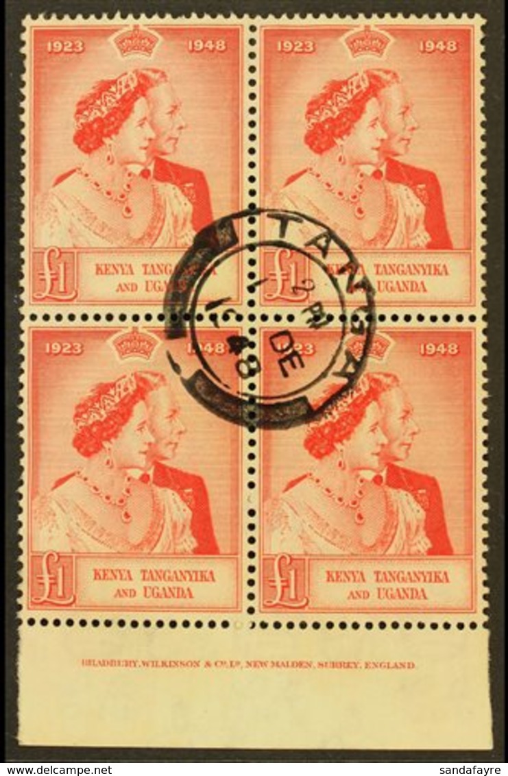 1948 £1 Scarlet Royal Silver Wedding, SG 158, Marginal Imprint BLOCK OF FOUR With Fine Central Cds Cancel. For More Imag - Vide