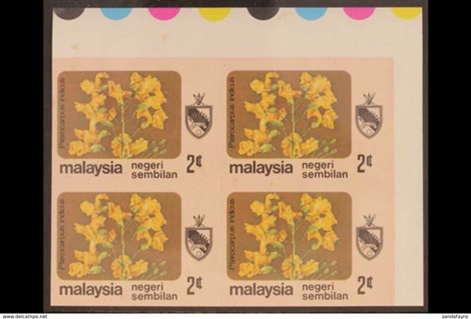 NEGRI SEMBILAN 1979 2c Flowers (SG 104), Superb Never Hinged Mint Upper Right Corner IMPERF BLOCK Of 4, Fresh & Attracti - Sonstige & Ohne Zuordnung