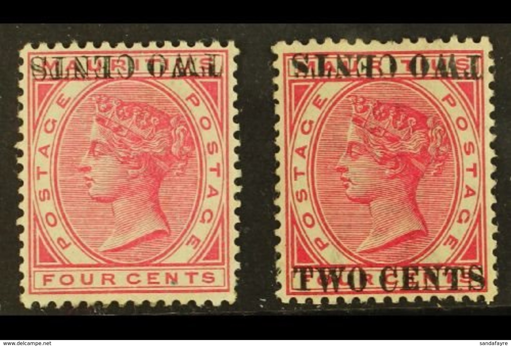 1891 2c On 4c Carmine SURCHARGE INVERTED Variety (one Short Perf), SG 118a, And 2c On 4c Carmine SURCHARGE DOUBLE, ONE I - Mauritius (...-1967)