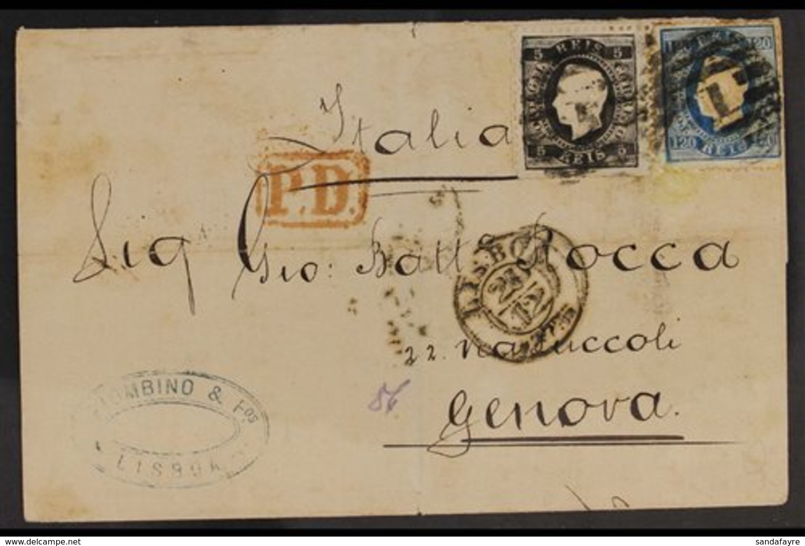 1873 (25 Dec) Cover Addressed To Italy, Bearing 1870-76 5r Black & 120r Blue King Luis Stamps (faults) Tied By "1" Numer - Other & Unclassified