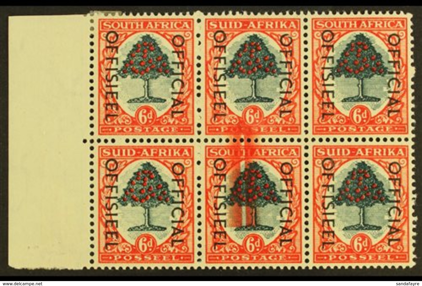 OFFICIAL VARIETY 1950-4 6d Green & Red-orange, Block Of Six With LARGE SCREEN FLAW, O46 Var, Very Fine Mint. For More Im - Unclassified