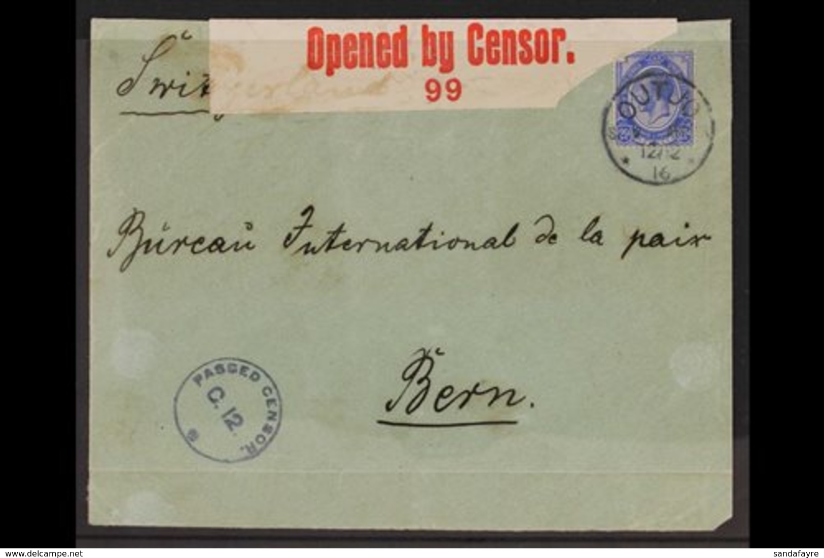 1916 (12 Feb) Env To Switzerland Bearing 2½d Union Stamp Tied By "OUTJO" Cds Cancel, Putzel Type B4 Oc, Circular Censor  - South West Africa (1923-1990)