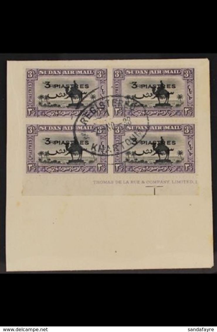 1938 3p On 3½p Black & Violet Perf 14 Surcharge, SG 75, Superb Used Lower Marginal BLOCK Of 4 With Almost Complete Impri - Soudan (...-1951)