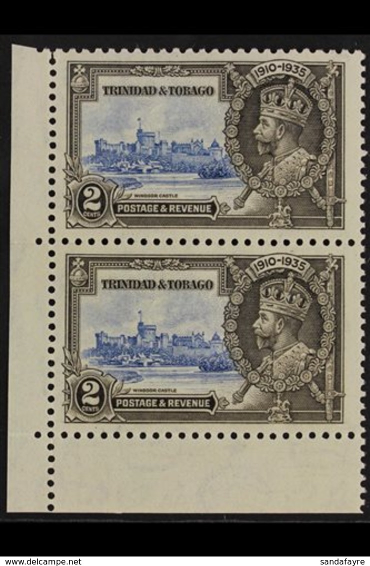 1935 2c Jubilee EXTRA FLAGSTAFF Variety, SG 239a, Within Never Hinged Mint Lower Left Corner PAIR, Very Fresh, An Attrac - Trinidad & Tobago (...-1961)