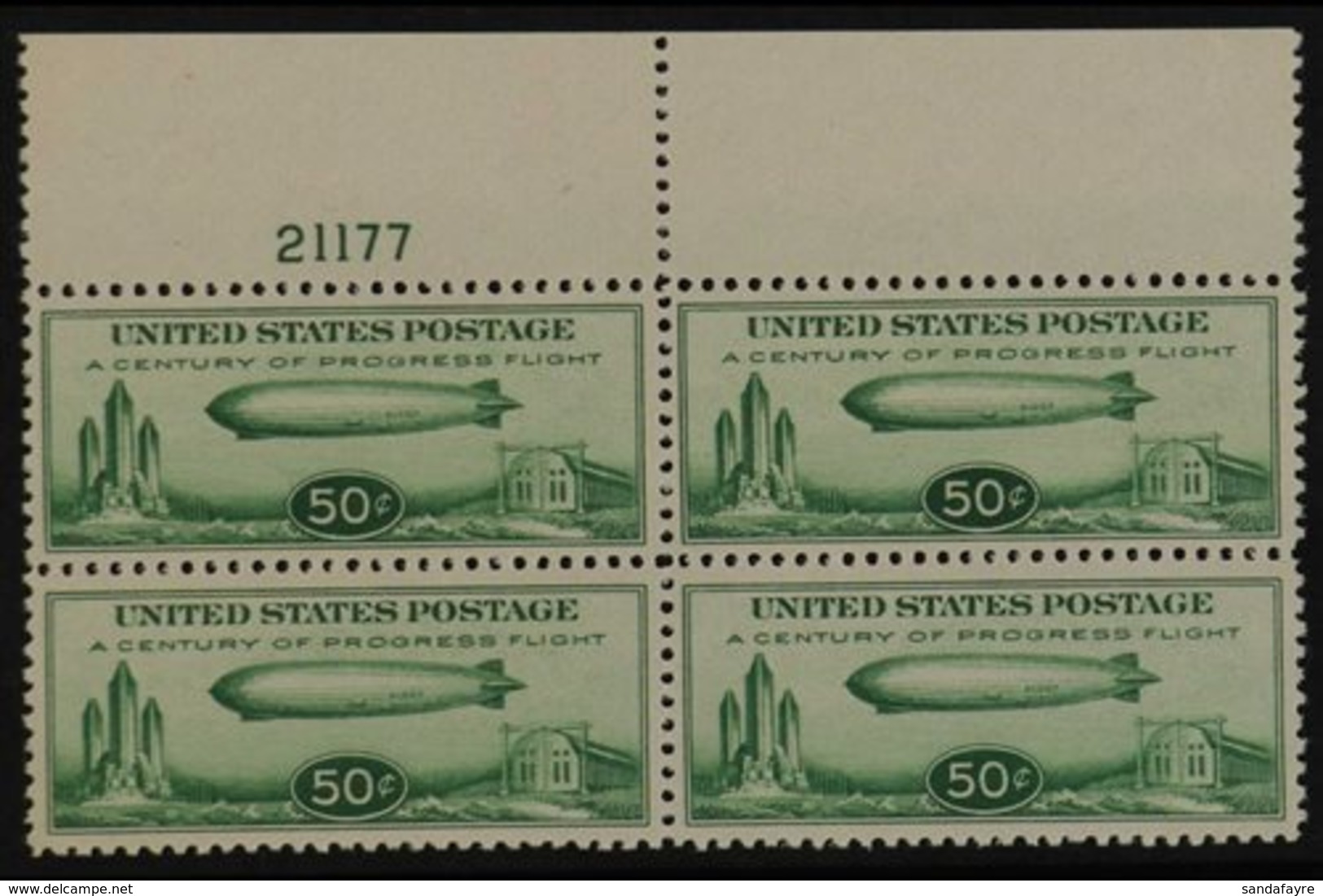 1933 50c Green Graf Zeppelin Air Post, Scott C18 (SG A732) Never Hinged Mint BLOCK OF FOUR WITH PLATE NUMBER. For More I - Other & Unclassified