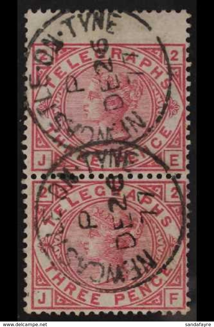 1876-81 QV 3d Carmine, Plate 2, Wmk Spray, Vertical Pair Of TELEGRAPH STAMPS,  SG T3, Fine Used With Boxing Day, 1877 Ne - Other & Unclassified