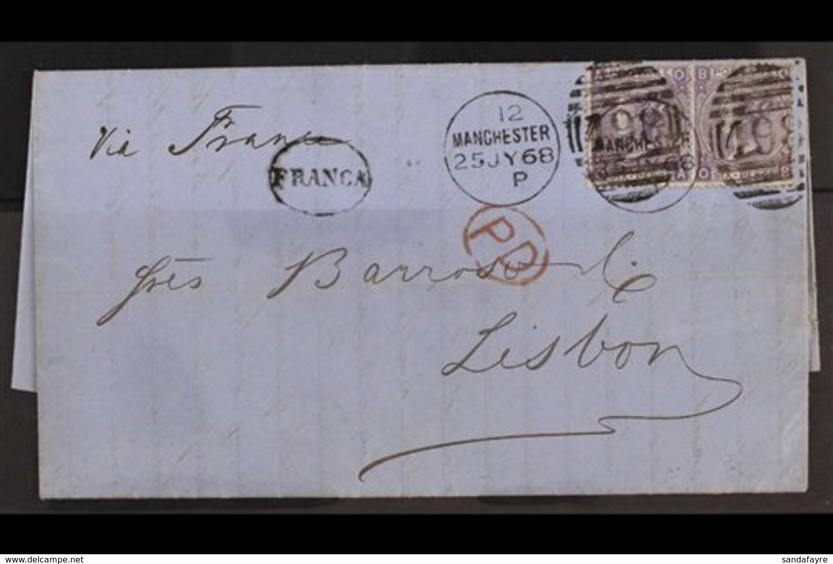 1868 (25th July) E/L To Lisbon Bearing A 6d Lilac, Plate 6 Pair, SG 104, Manchester Duplex Cancels, Clean & Fine. Cat £2 - Autres & Non Classés