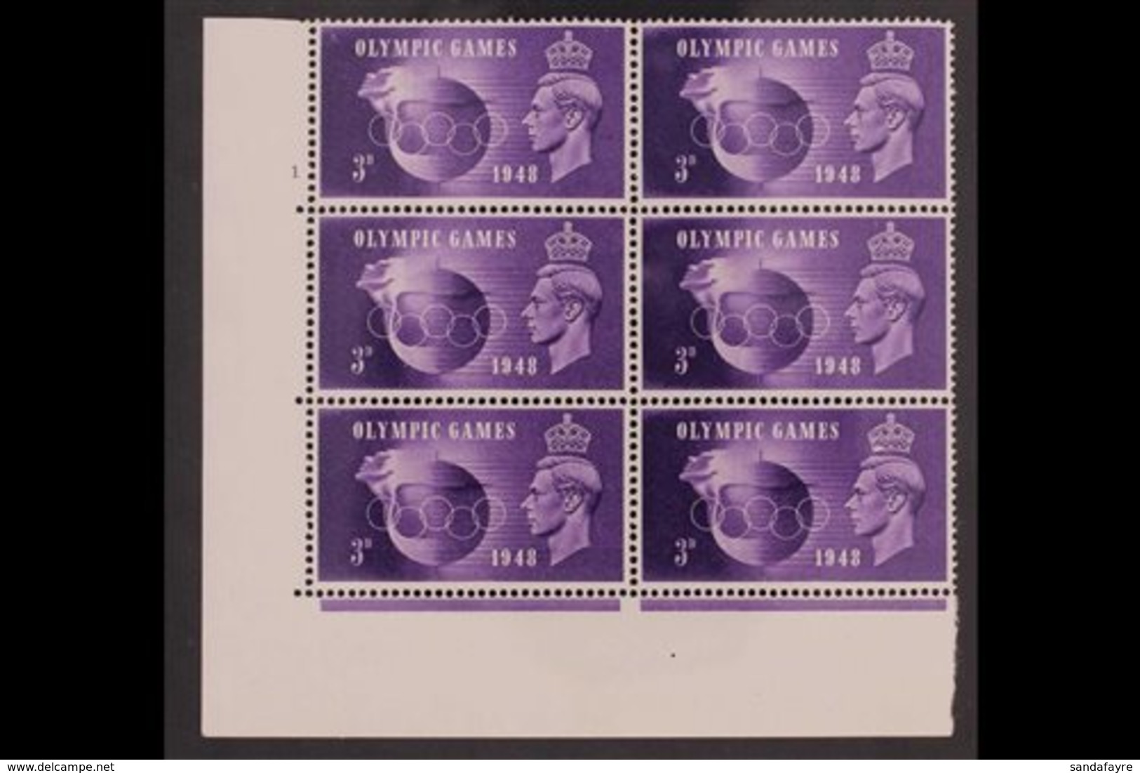 1948 3d Violet Olympics, SG 496, Never Hinged Mint Lower Left Corner Cylinder Number 1 BLOCK Of 6 With CROWN FLAW Positi - Unclassified