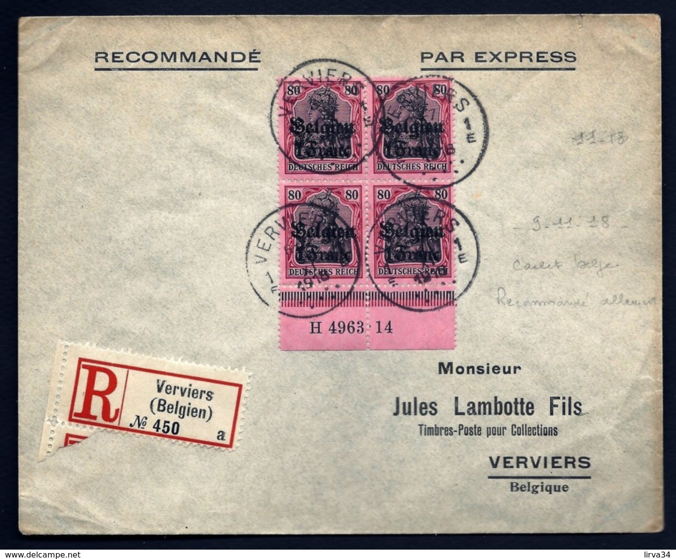 LETTRE OCCUPATION ALLEMANDE RECOMMANDÉE DE VERVIERS- BLOC 4 TIMBRES ALLEMANDS N°75 SURCHARGÉS- 1918 - Army: German