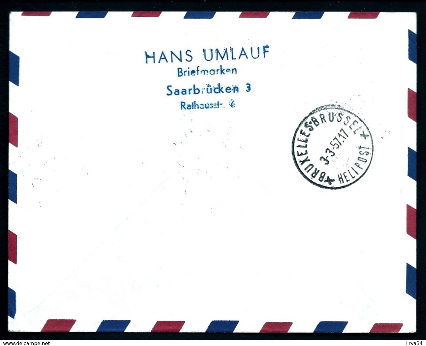 LETTRE PREMIERE LIAISON PAR HELICOPTHERE SABENA PARIS BRUXELLES- TIMBRES SAAR  CAD SAARBRUCKEN 1957- 2 SCANS - Otros & Sin Clasificación