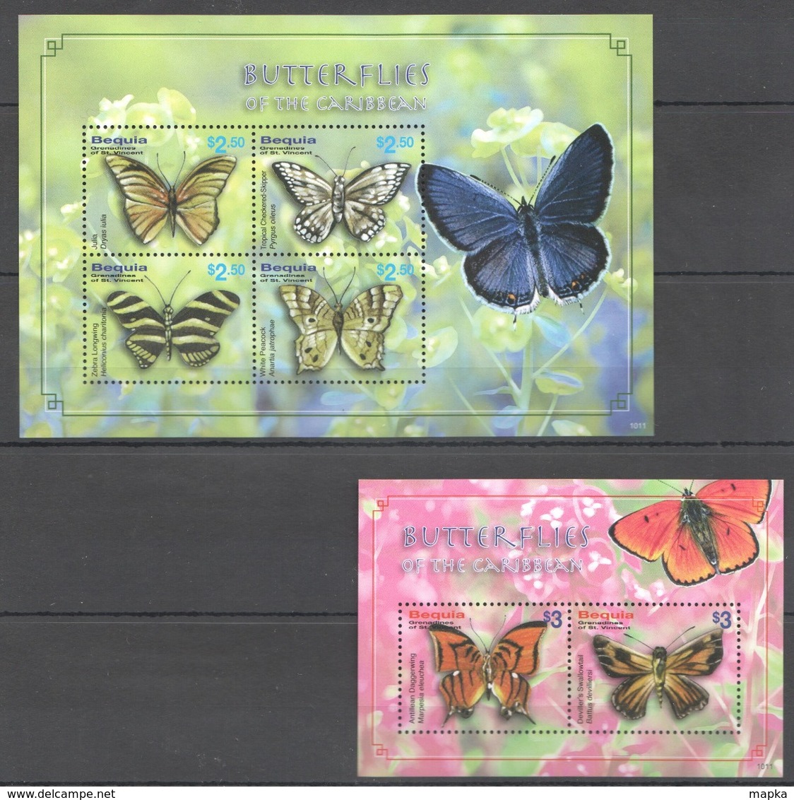 X740 2010 BEQUIA BUTTERFLIES OF THE CARIBBEAN #665-8 !!! MICHEL 12.5 EURO !!! 1KB+1BL  MNH - Butterflies