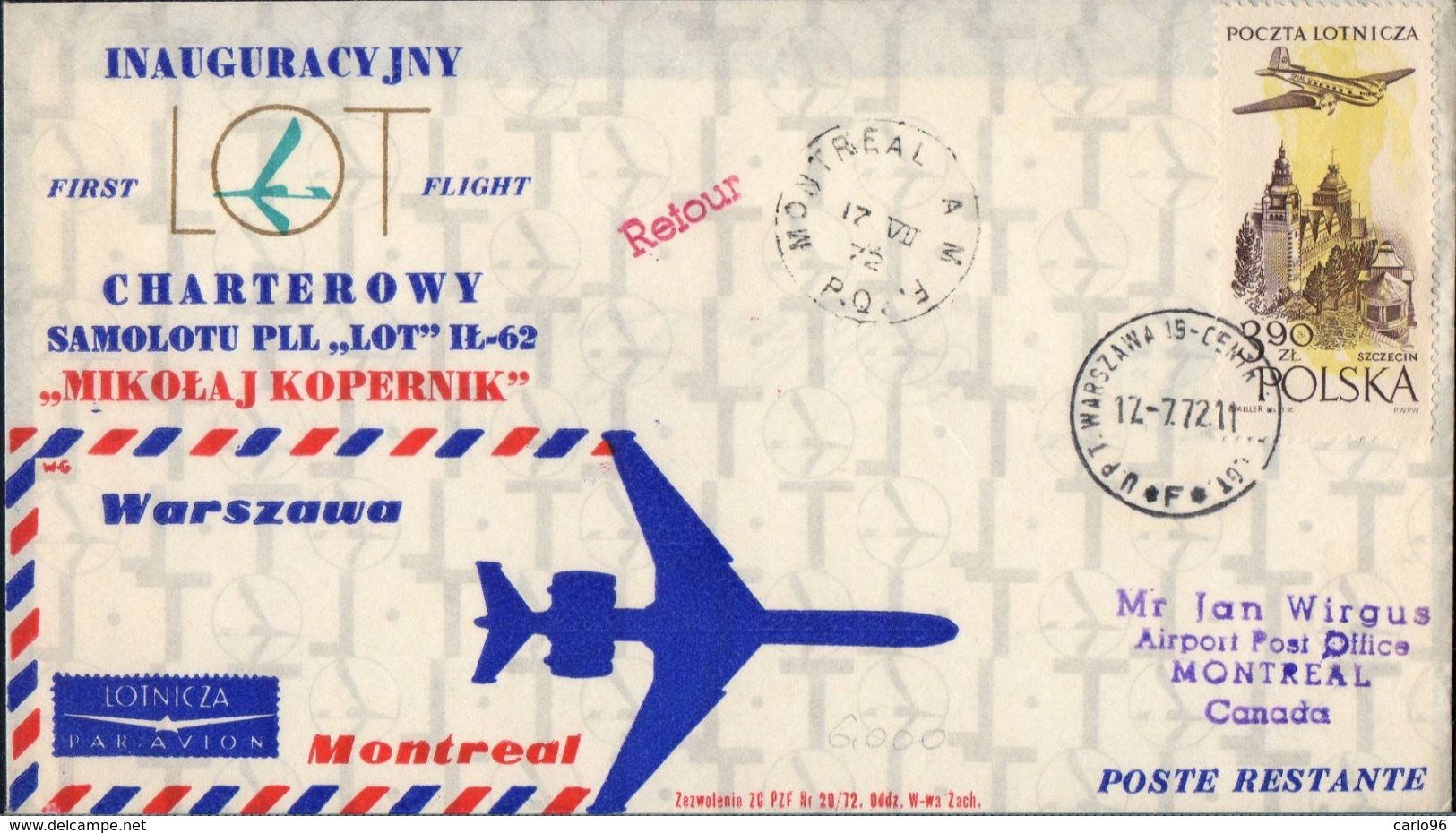 1972  POLONIA  FIRST  FLIGHT  WARSZAW  MONTREAL  AIR  MAIL - BOLAFFI / SASSONE - Posta Aerea