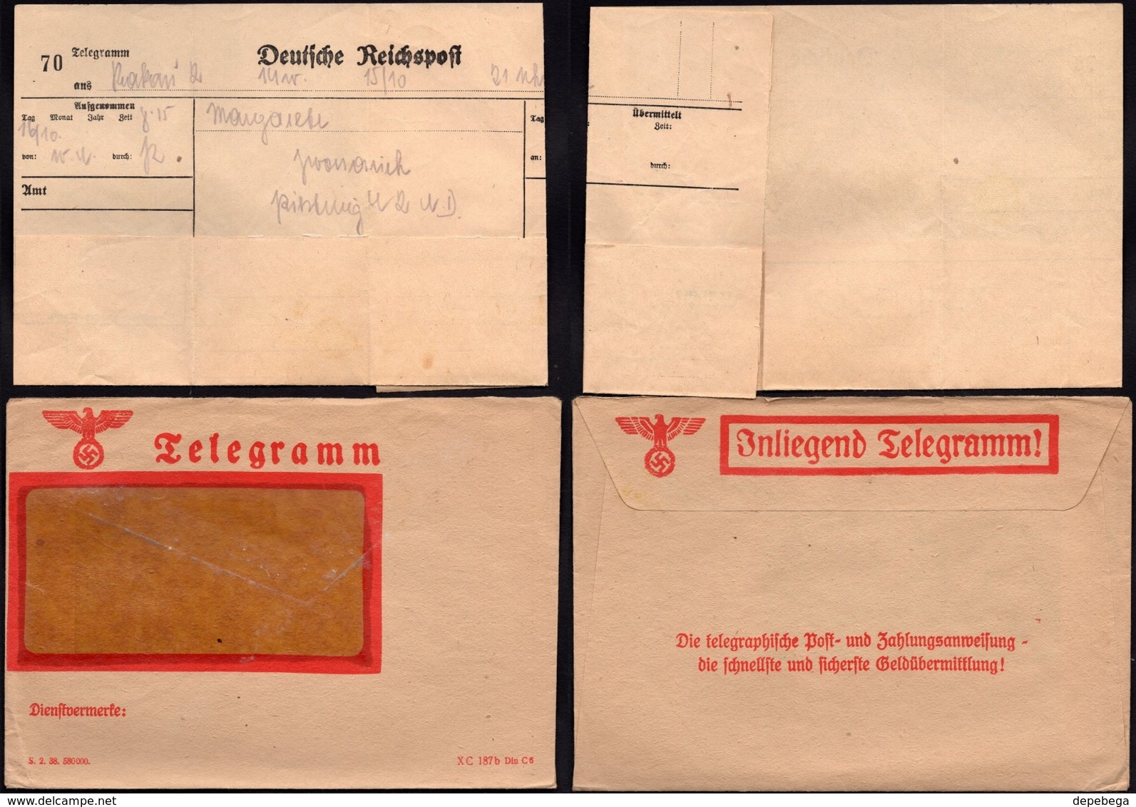 Germany 1938, NS Jnliegend Telegramm Brief (XC 187 B Din C6), 1938. - Brieven En Documenten