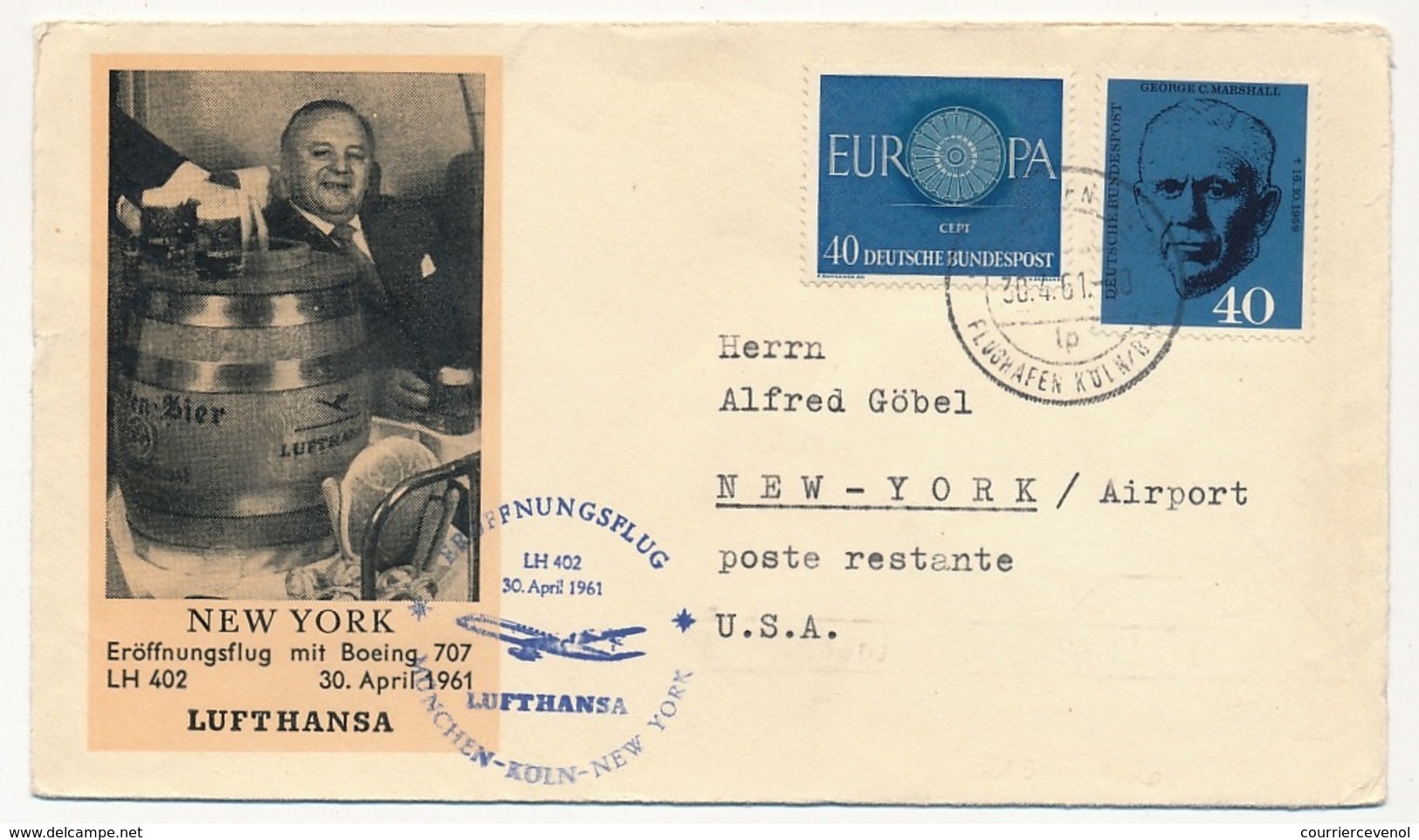 ALLEMAGNE - Premier Vol Boeing 707 LH 402 - MUNICH => COLOGNE => NEW-YORK 30/4/1961 - Cartas & Documentos