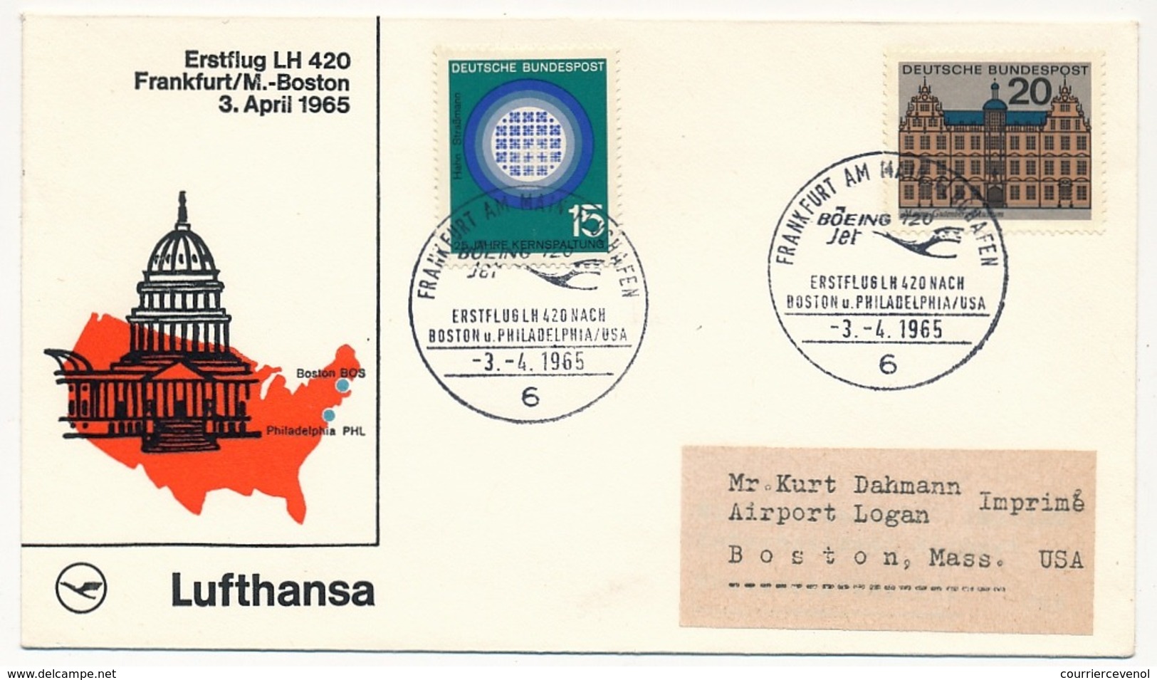 ALLEMAGNE - Premier Vol Boeing 720 - FRANKFORT => M. BOSTON 3/4/1965 - Lettres & Documents