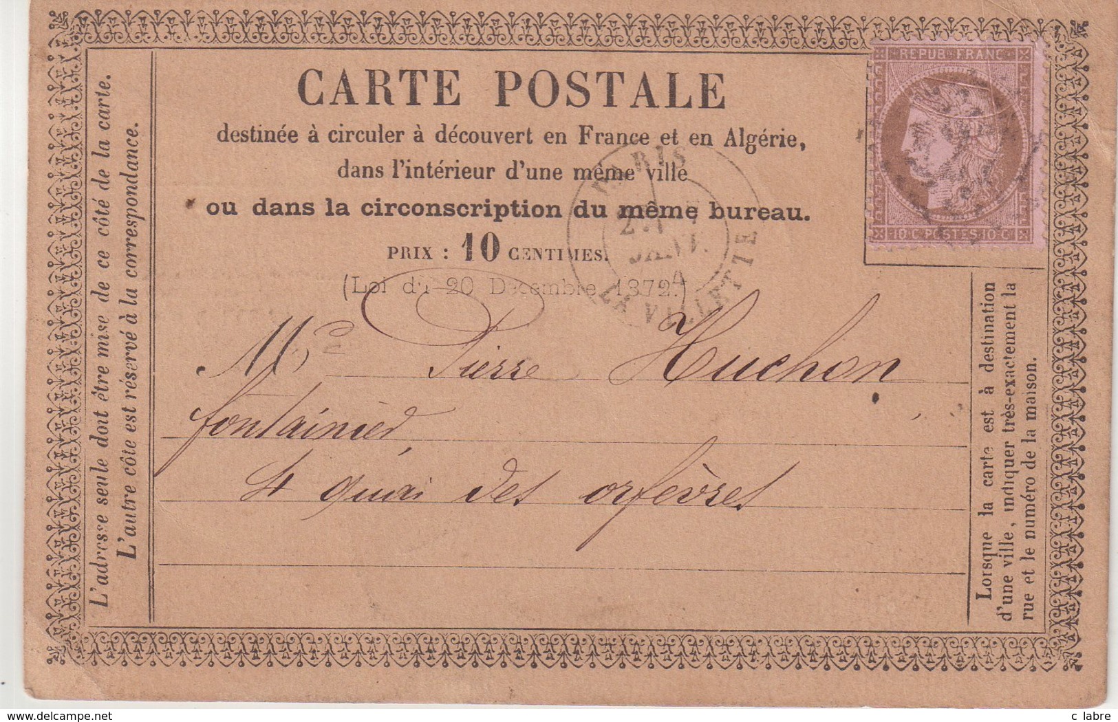 FRANCE : CARTE PRECURSEUR. ANNONCE 1145 . THOREL , BELLE JARDINIERE ( ILLUSTRE ) MAISON ANTHOINE . AB . 1874 . - 1701-1800: Precursori XVIII