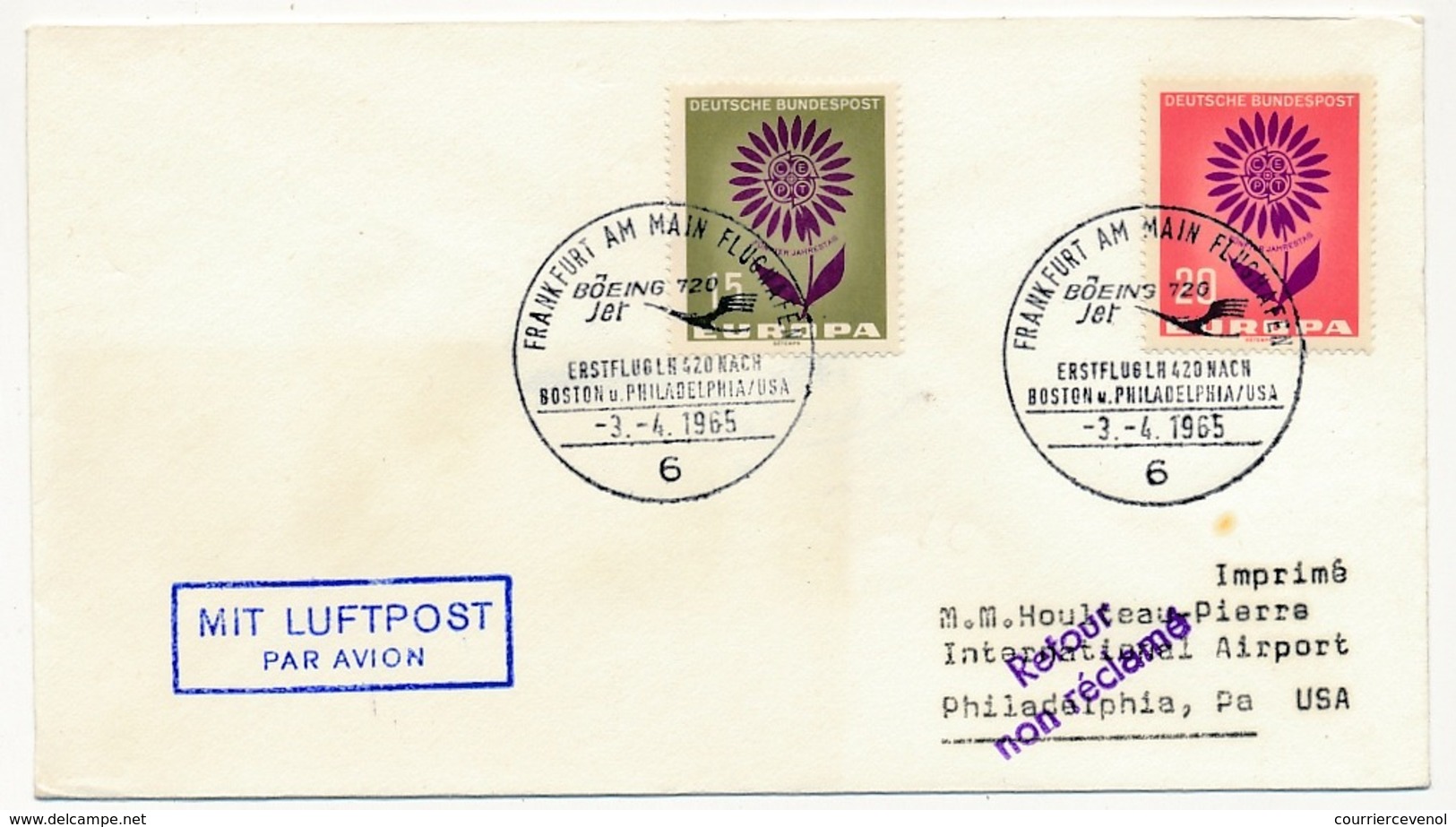 ALLEMAGNE - Premier Vol Boeing 720 - FRANKFORT => PHILADELPHIE 3/4/1965 - Covers & Documents