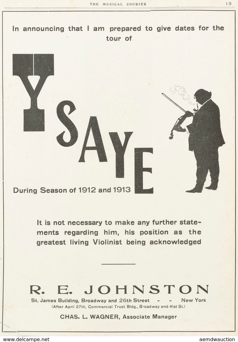 [EPHEMERA] [R. E. JOHNSTON ]- Season 1912-1913 YSAYE. N - Non Classés