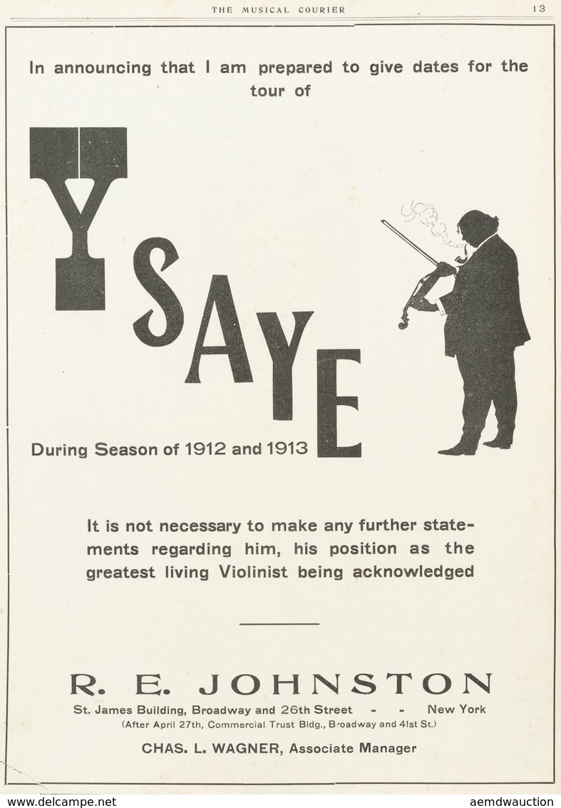 [EPHEMERA] [R. E. JOHNSTON ]- Season 1912-1913 YSAYE. N - Non Classificati