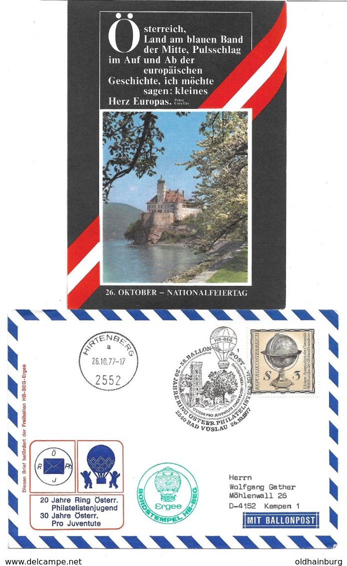 1658p: Zwei Ballonpost- Belege Für Heimatsammler 2551 Enzesfeld, 2552 Hirtenberg, 2540 Bad Vöslau, Nationalfeiertag 1977 - Berndorf