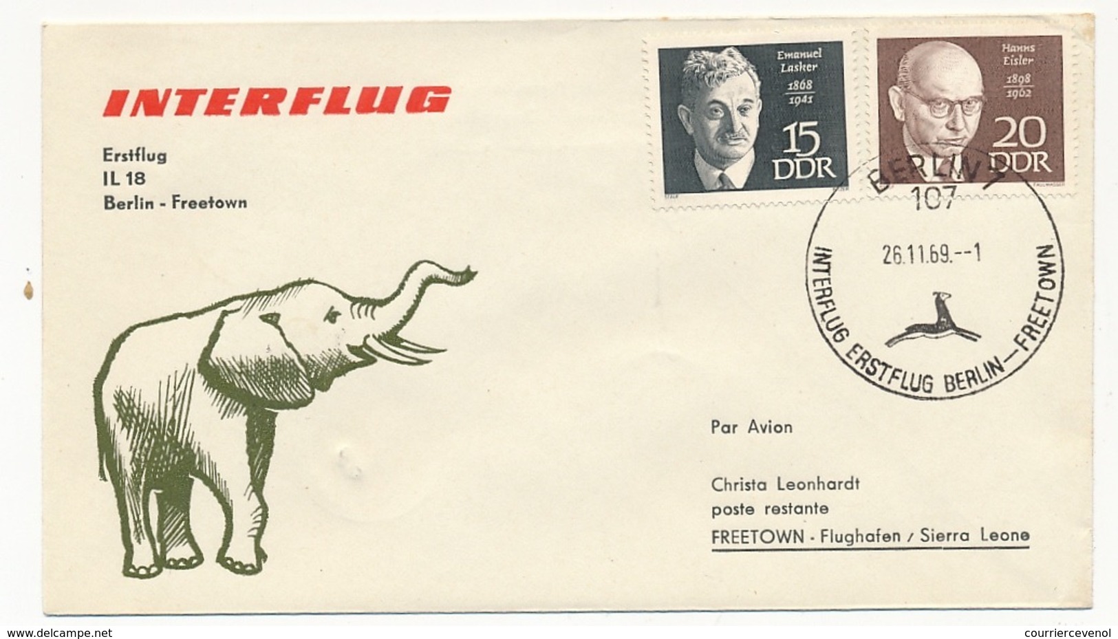 ALLEMAGNE DDR - Premier Vol Interflug IL18 - BERLIN => FREETOWN 26/11/1969 - Briefe U. Dokumente