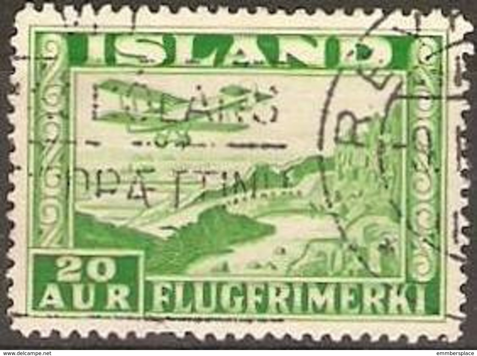 Iceland - 1934 Airmail (lake) 20a Green Used  SG 209  Sc C16 - Poste Aérienne