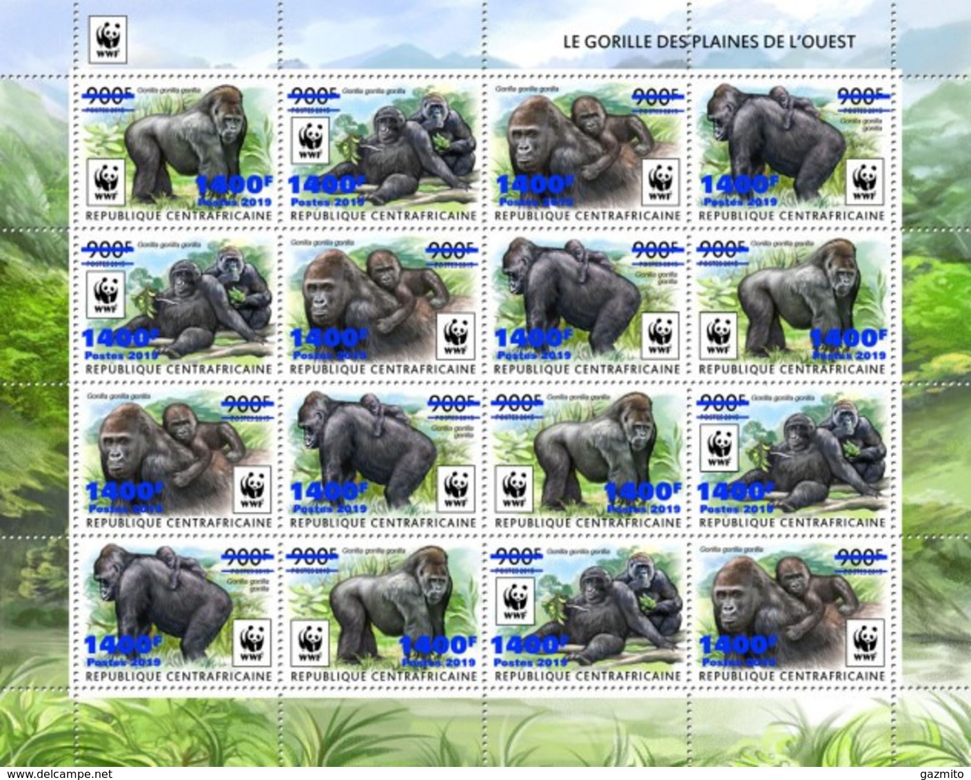 Centrafrica 2019, WWF Gorillas, Overp. Blue, 16val In BF - Gorilas