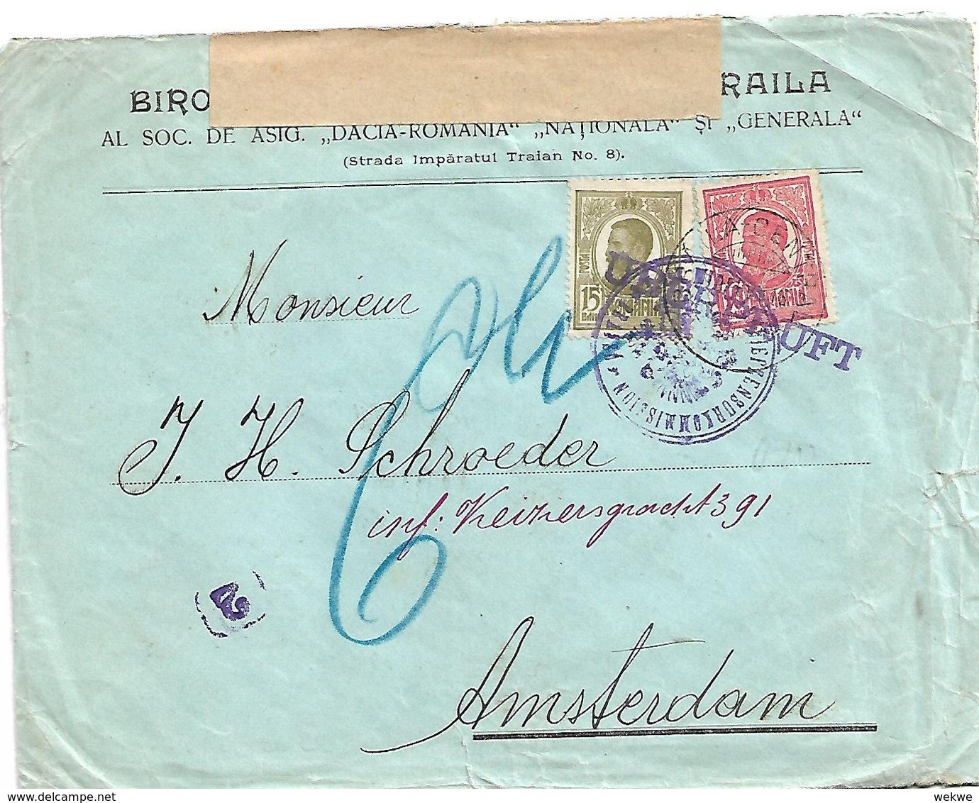 Rumänien XX001 / Braila Nach Amsterdam 1916, Doppelt Geprüft + Ungarischer Verschlussstreifen - Storia Postale