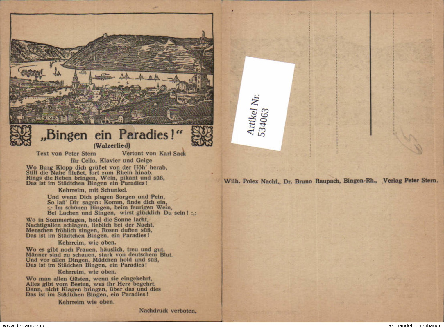 534063,Liedkarte Bingen A. Rhein Ein Paradies Walzerlied Text Peter Stern Musik Karl - Sonstige & Ohne Zuordnung