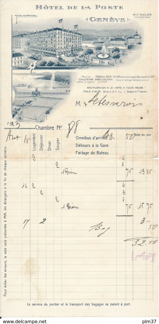 GENEVE - Hôtel  De La Poste - Facture 1913 - Suisse