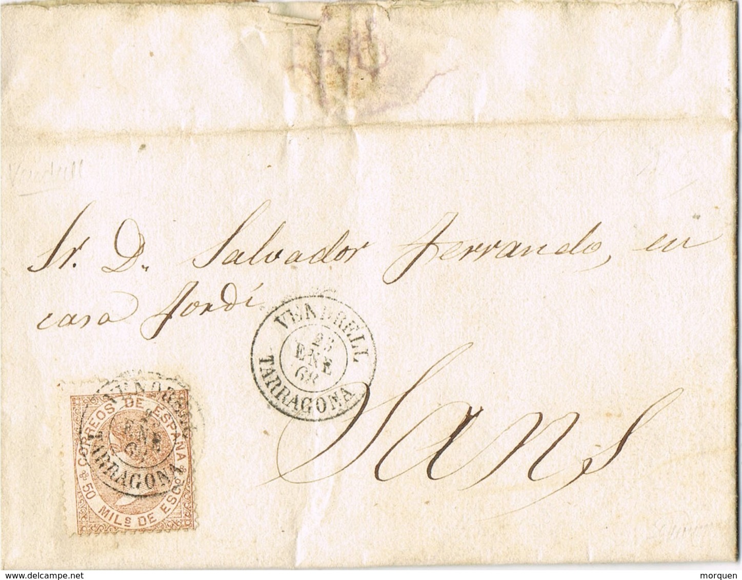33757. Carta Entera VENDRELL (Tarragona) 1868 A Sans - Cartas & Documentos