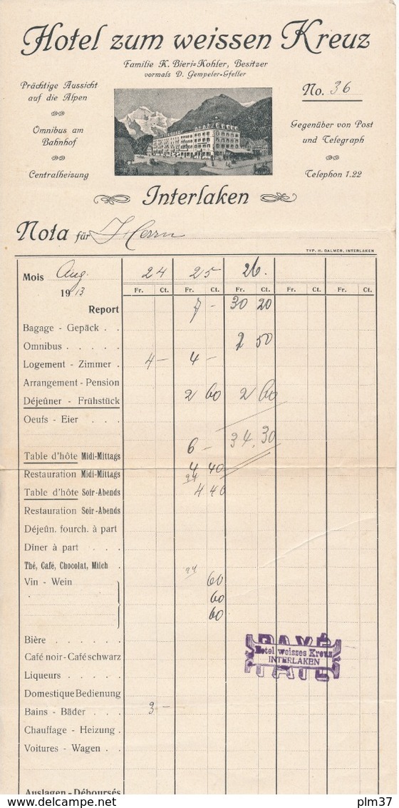INTERLAKEN - Hôtel Zum Weissen Kreuz - Facture 1913 - Suisse
