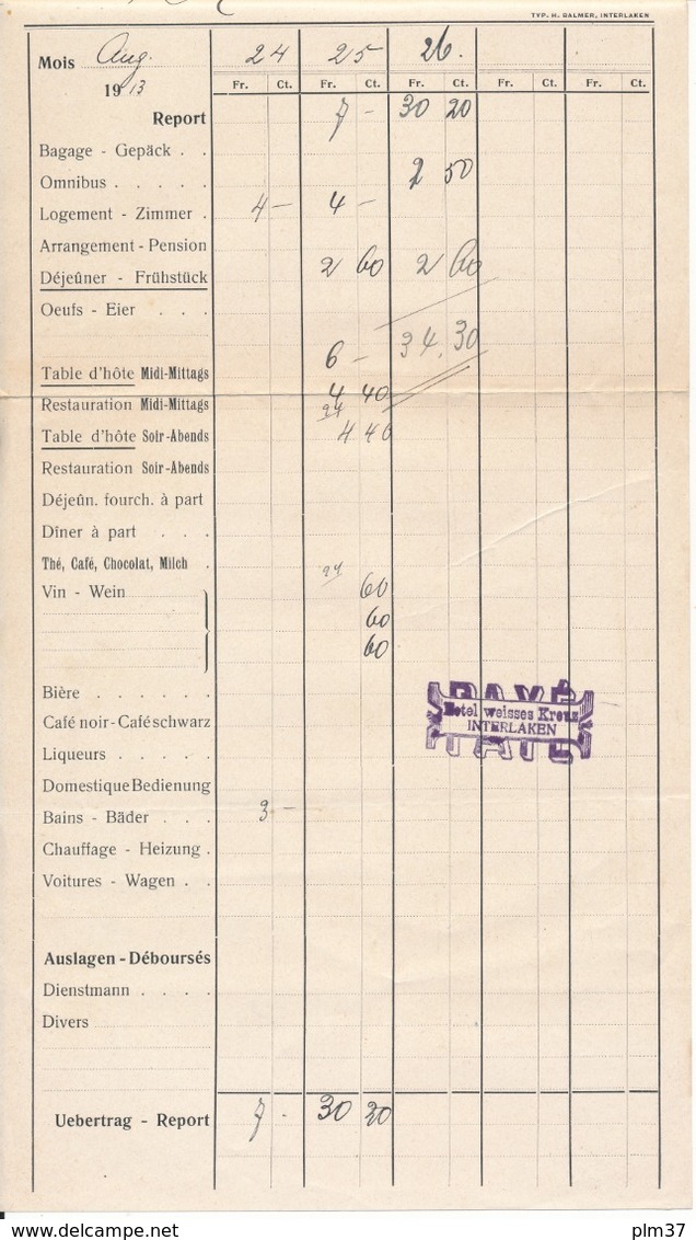 INTERLAKEN - Hôtel Zum Weissen Kreuz - Facture 1913 - Suisse