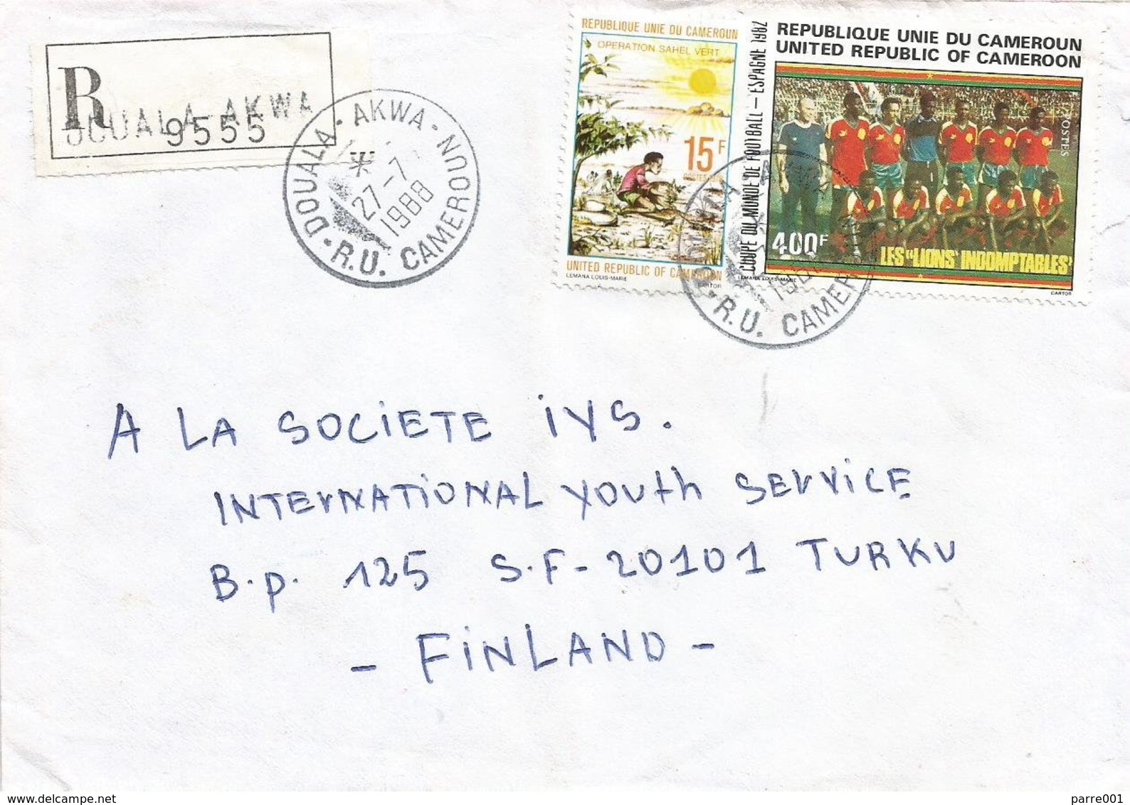 Cameroon Cameroun 1988 Douala Akwa World Cup Football Spain Lions Registered Cover - Kameroen (1960-...)