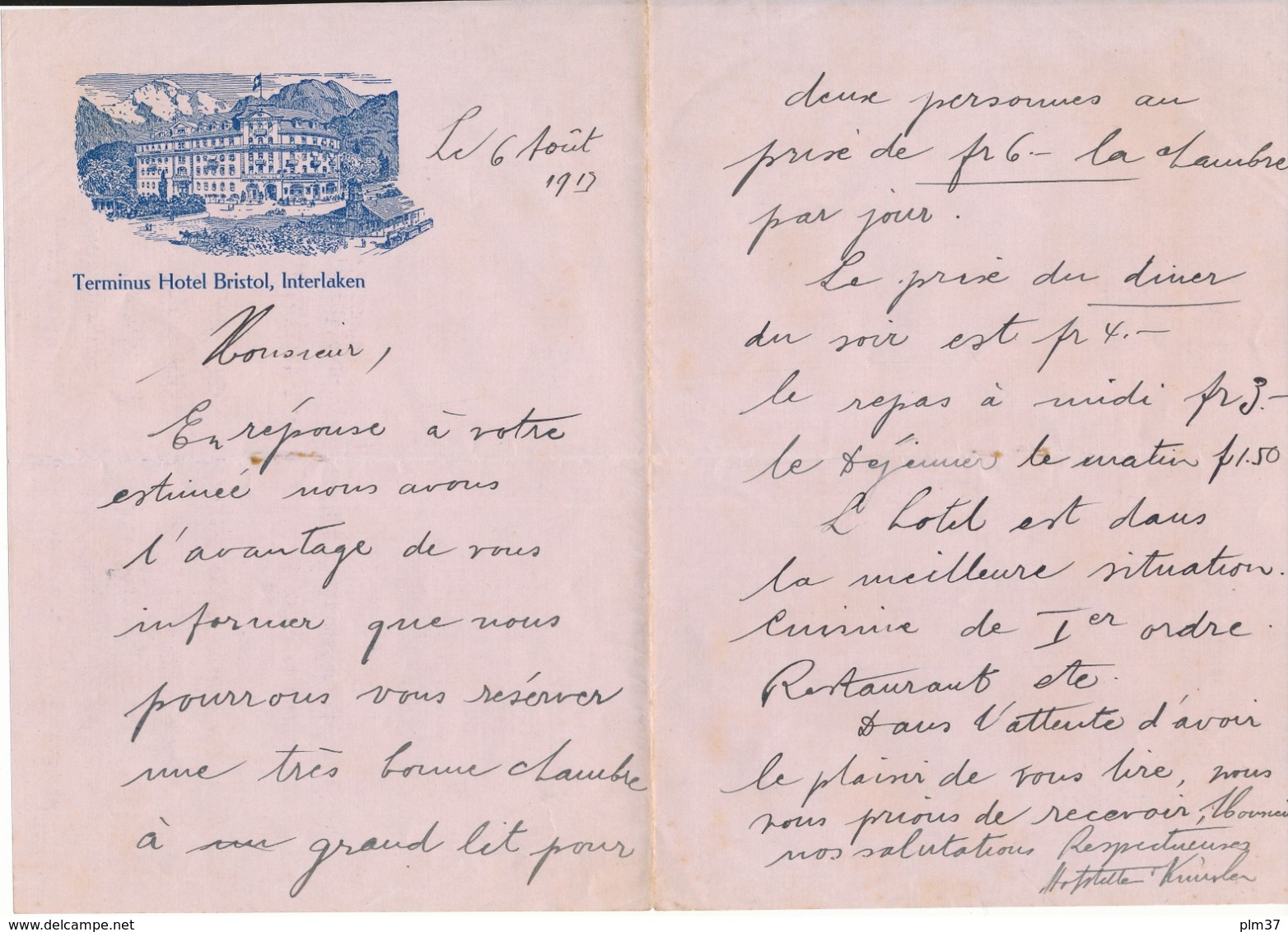 INTERLAKEN - Terminus  Hôtel  Bristol - Lettre Commerciale 1913 - Suisse