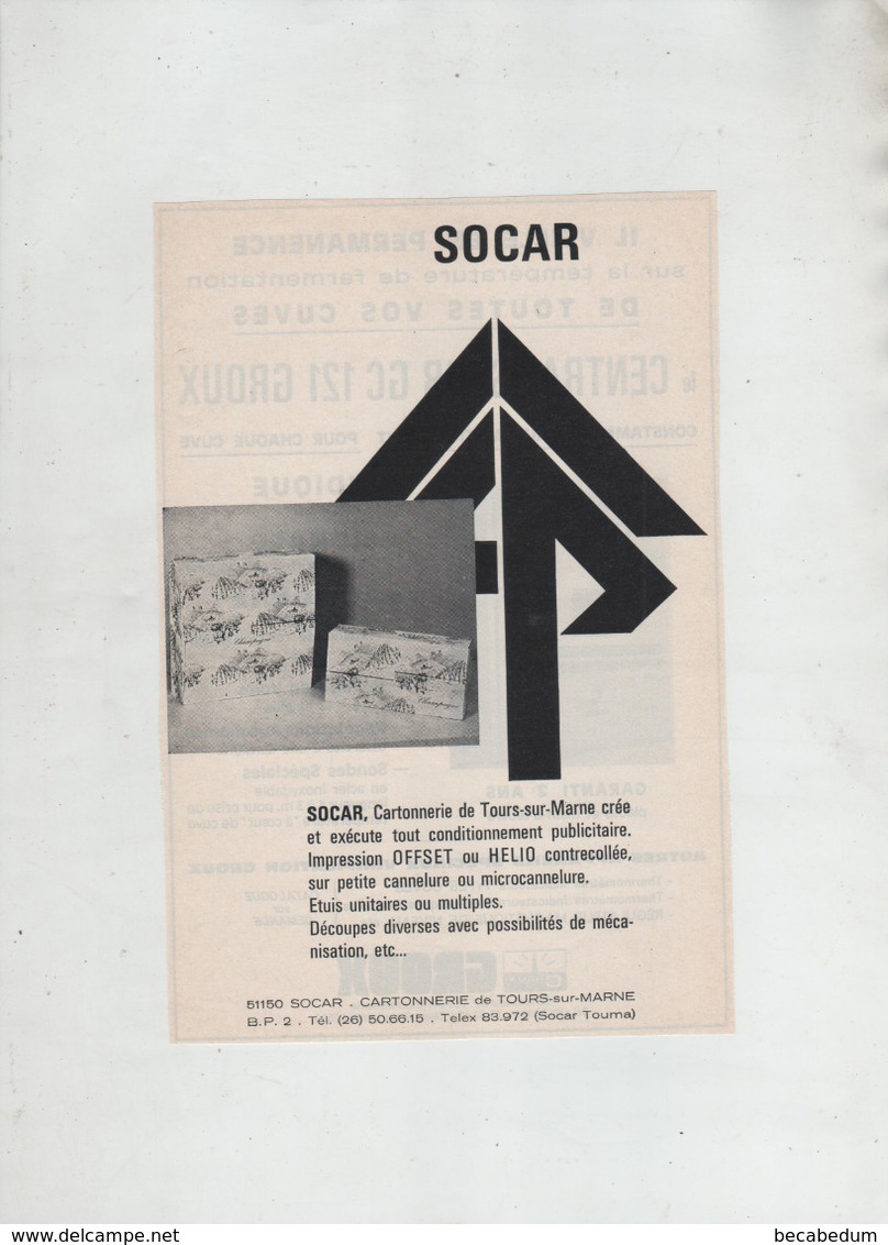 Publicités Recto Verso 1976 Socar Cartonnerie Tours Sur Marne Groux La Madeleine Centraliseur - Werbung