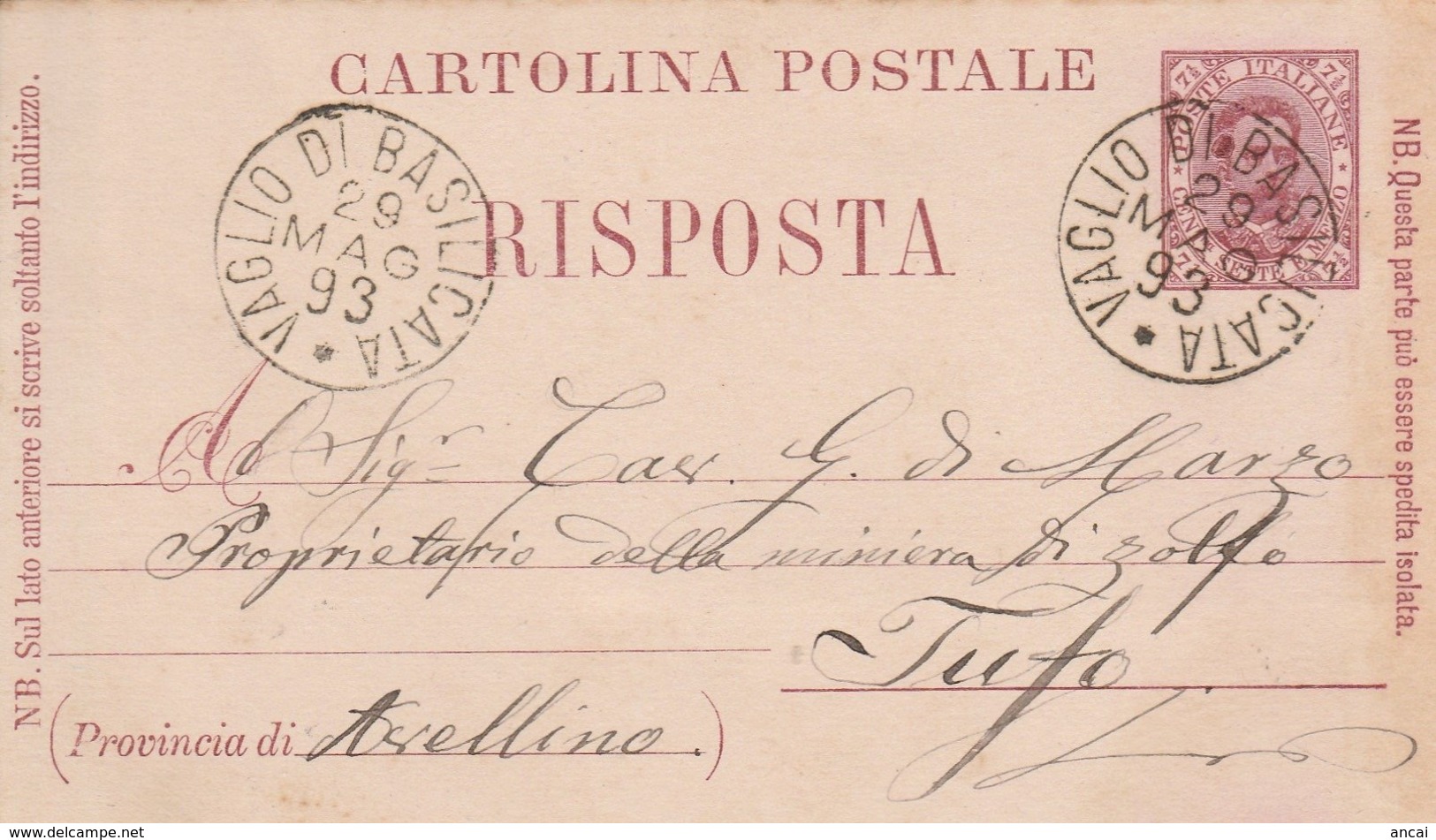 Vaglio Di Basilicata. 1893. Annullo Grande Cerchio VAGLIO DI BASILICATA , Su Cartolina Postale Con Testo. BELLA. - Storia Postale