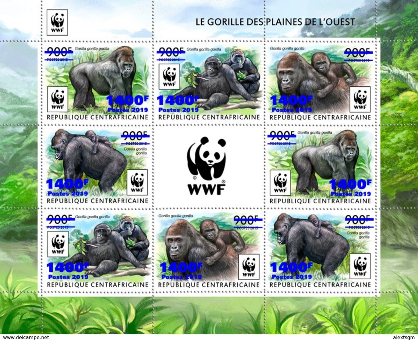 CENTRAL AFRICA 2019 - WWF Gorilla Blue Overprint 2 Sets. Official Issue. - Sonstige & Ohne Zuordnung