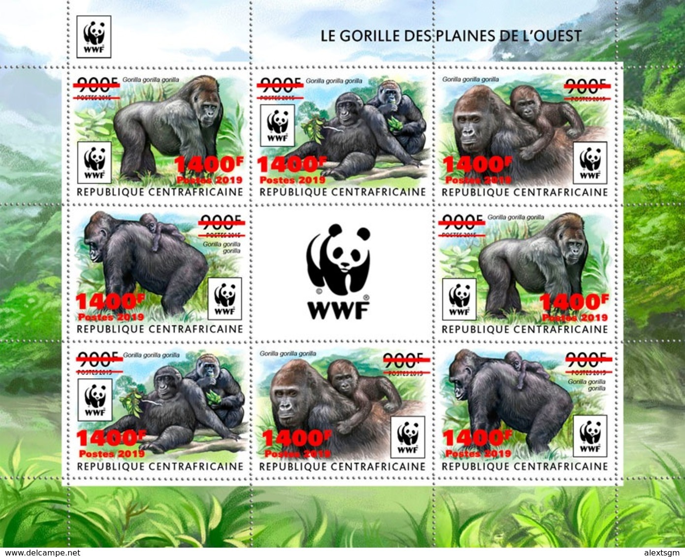 CENTRAL AFRICA 2019 - WWF Gorilla Red Overprint 2 Sets. Official Issue. - Sonstige & Ohne Zuordnung