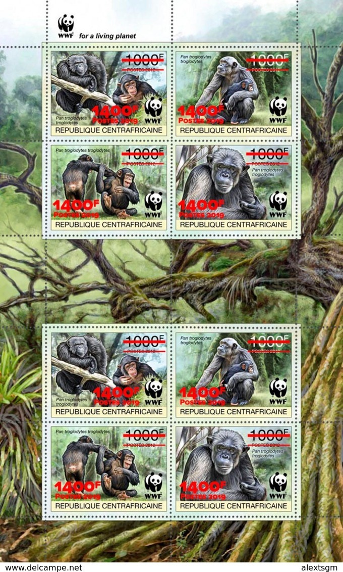 CENTRAL AFRICA 2019 - WWF Chimpanzee Red Overprint 2 Sets. Official Issue. - Sonstige & Ohne Zuordnung