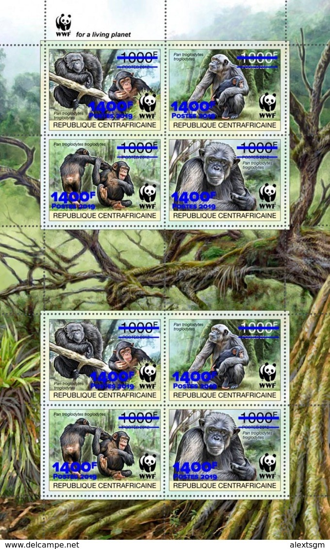 CENTRAL AFRICA 2019 - WWF Chimpanzee Blue Overprint 2 Sets. Official Issue. - Sonstige & Ohne Zuordnung