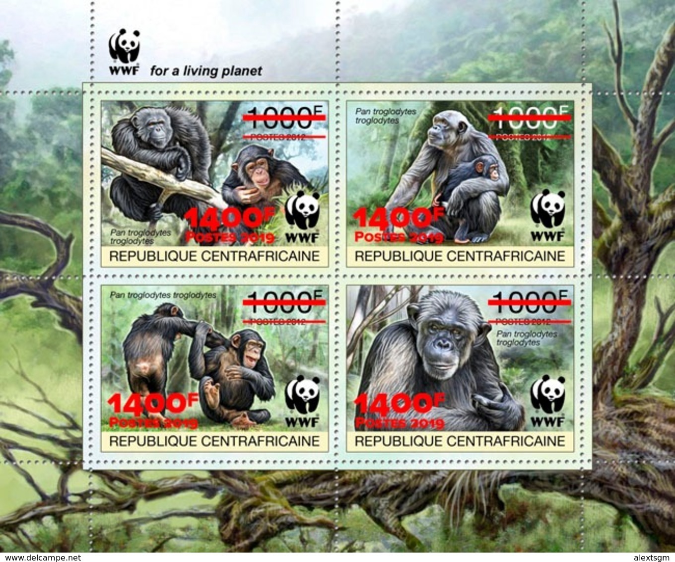 CENTRAL AFRICA 2019 - WWF Chimpanzee Red Overprint. Official Issue. - Sonstige & Ohne Zuordnung