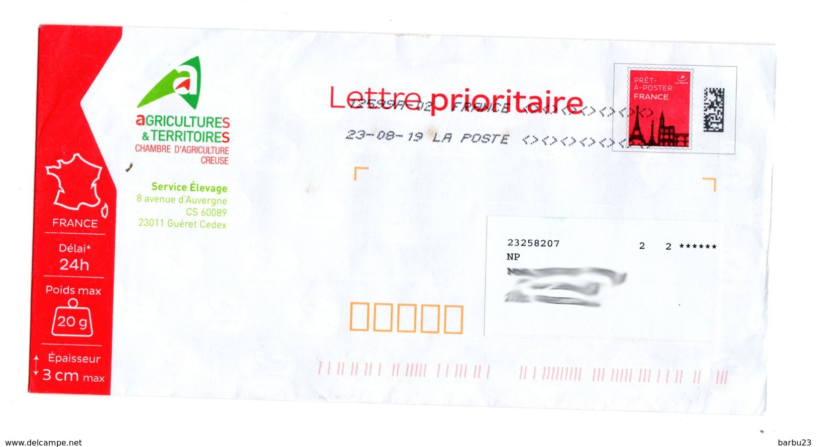 PAP Pret à Poster  Lettre Prioritaire 20g 169588 Ayant Circulé En-tête Chambre D'Agriculture De La Creuse - Prêts-à-poster:  Autres (1995-...)