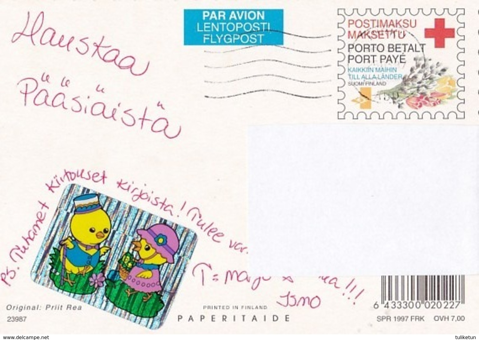 Postal Stationery - Chick With Willow In Egg - Butterfly - Happy Easter - Red Cross 1997 - Suomi Finland - Postage Paid - Postal Stationery