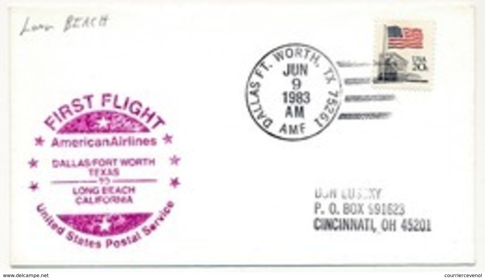 ETATS UNIS - Premier Vol AMERICAN AIRLINES - Dallas / Fort Worth Texas To Long Beach California - 9/6/1983 - 3c. 1961-... Cartas & Documentos