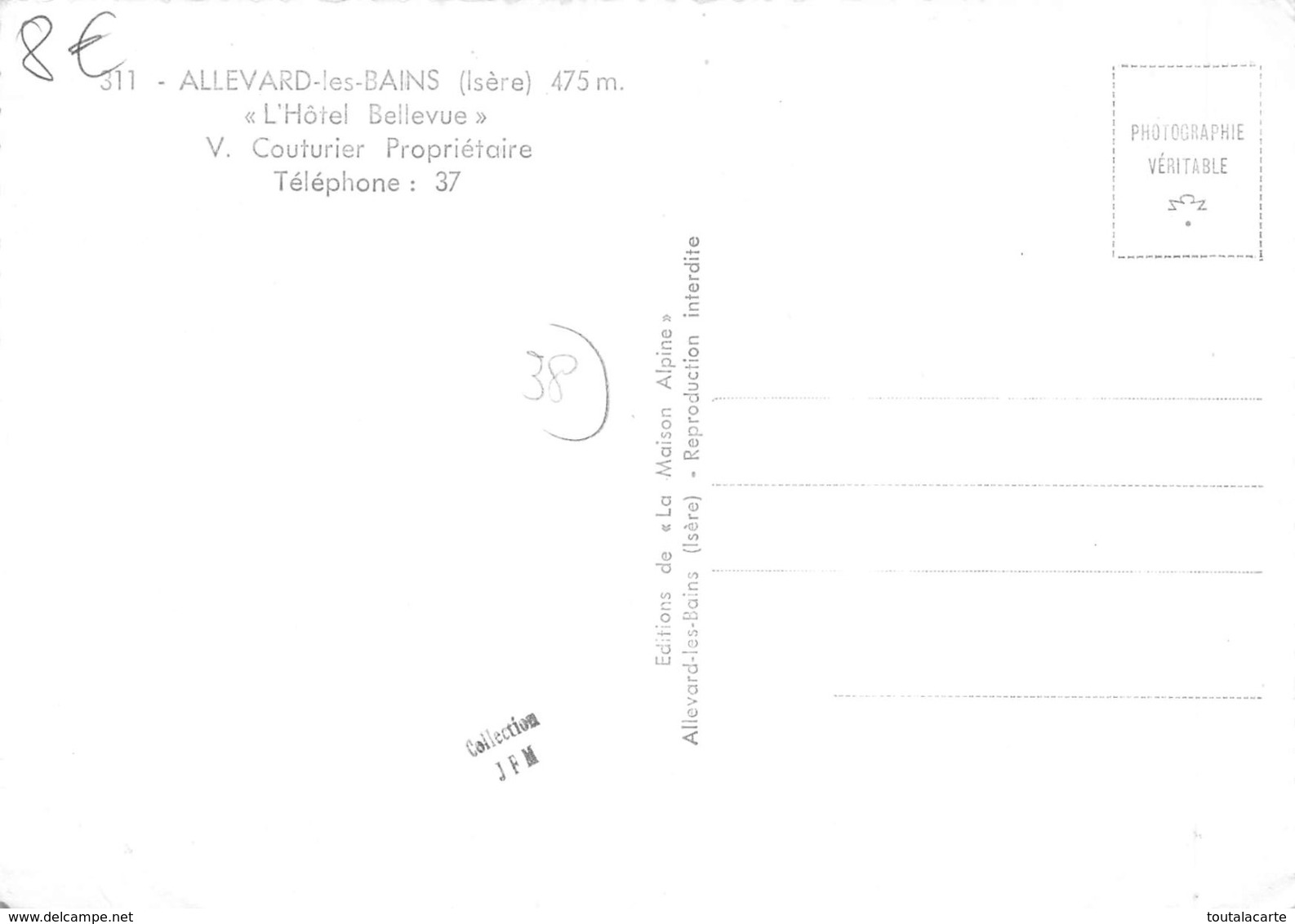 CPSM 38 ALLEVARD LES BAINS L HOTEL BELLEVUE  Grand Format 15 X 10,5 Cm - Allevard