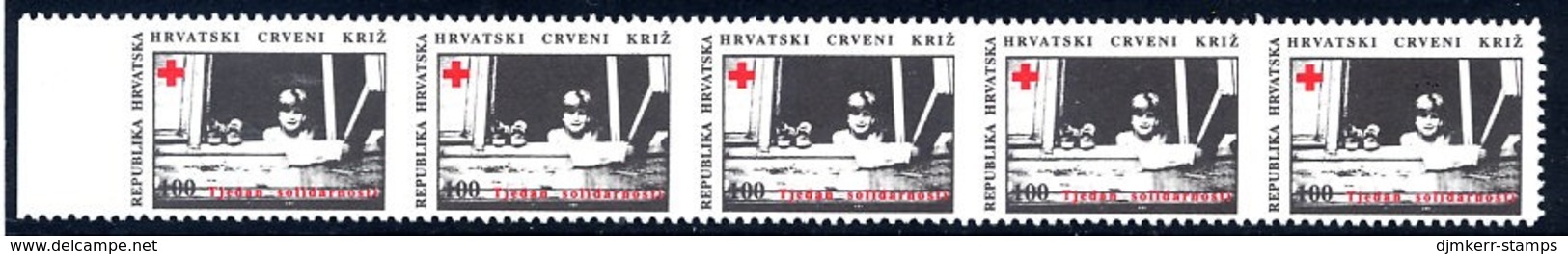 CROATIA 1993 Obligatory Tax: Red Cross Solidarity  Week Strip Of 5 Imperforate.vertically MNH / **.  Michel  ZZM 27 - Croatia