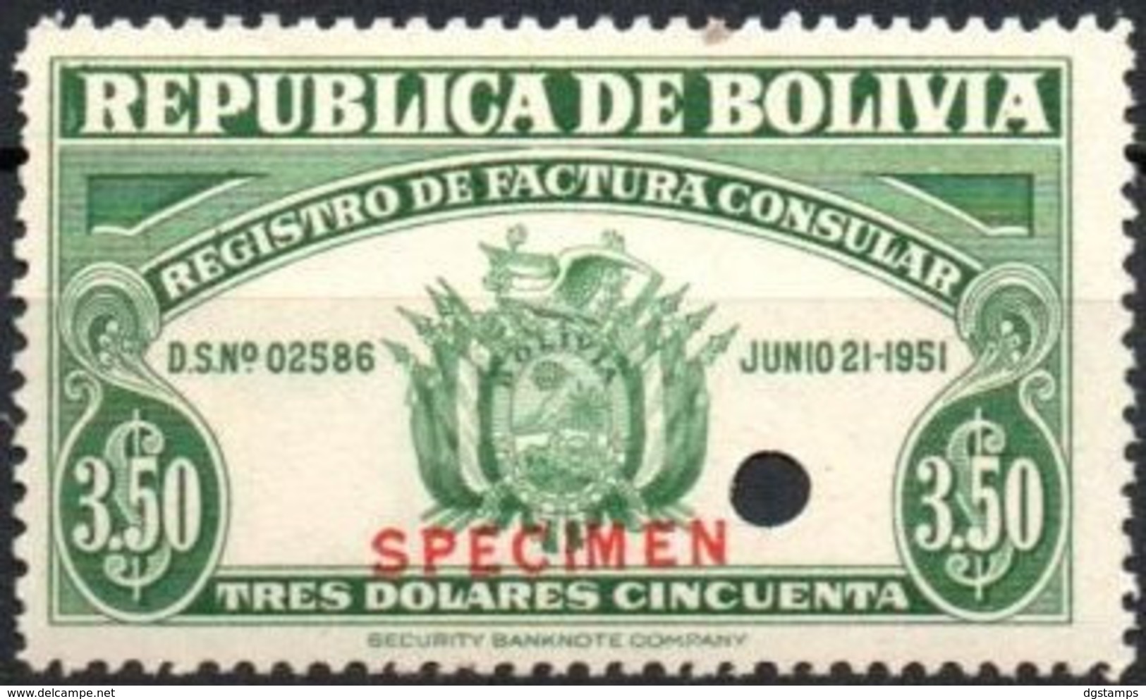 Bolivia 1951 ** Tipo H&A "JA". Registro De Factura Consular $3.50. SPECIMEN En Rojo Y Perforación De Seguridad. - Bolivia