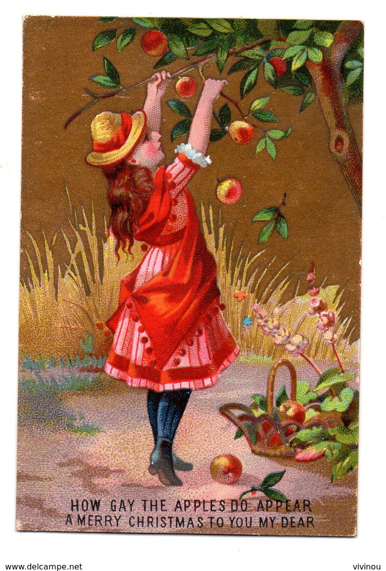 RARE Chromo Victorian Trade Card Dorée Carte Voeux Fête Noël Jeune Fille Récolte Pomme Fruit Arbre Corbeille Panier - Autres & Non Classés